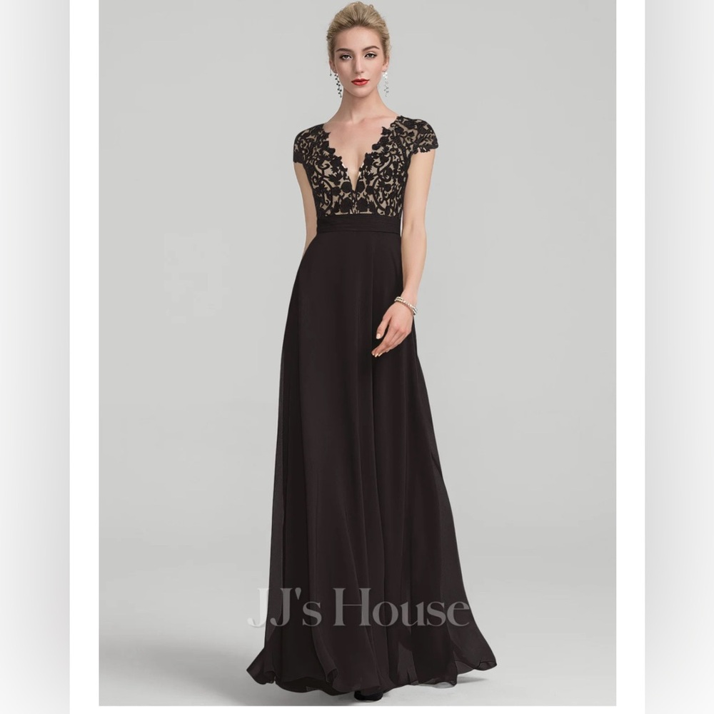 JJs House Elegant Black and Gold Lace Maxi Dress